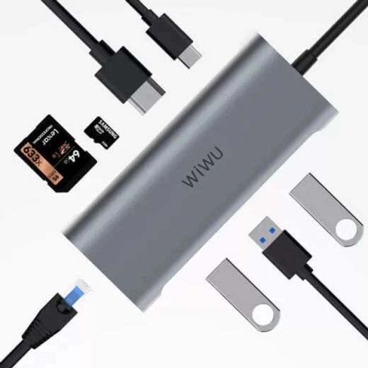 Адаптер WIWU Alpha 831HRT 8-in-1 USB-C to 3xUSB3.0 | HDMI | RJ45 | USB-C | SD | Micro SD Grey