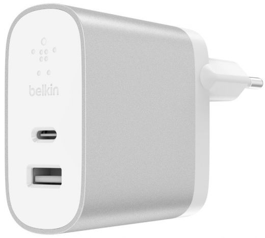 Мережевий зарядний пристрій Belkin Home Charger 27W Power Delivery USB-C 3.0A, 12w USB-A 2.4A, Silver (F7U061VF-SLV)