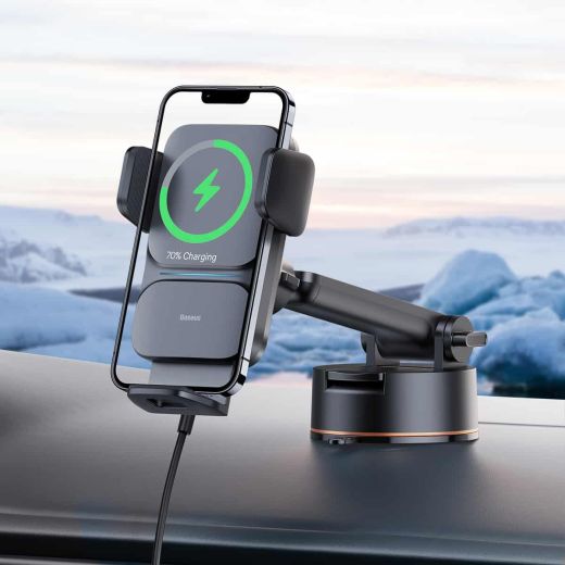 Держатель с беспроводной зарядкой для телефона в машину Baseus Wisdom Auto Alignment Car Mount Wireless Charger QI 15W (Suction base) Black (CGZX000101)