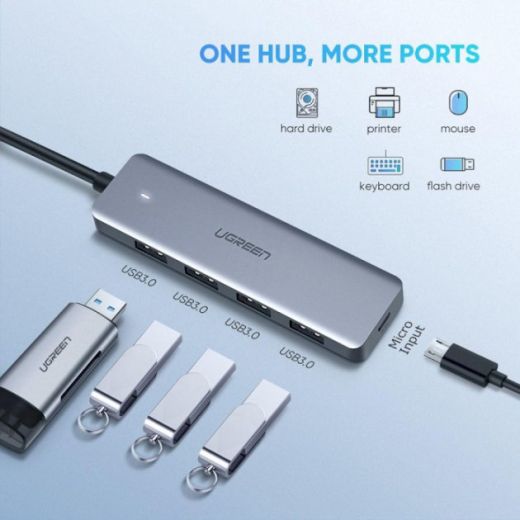 Хаб UGREEN CM219 4Port HUB USB 3.0 with Micro USB Power Supply Silver (70336)