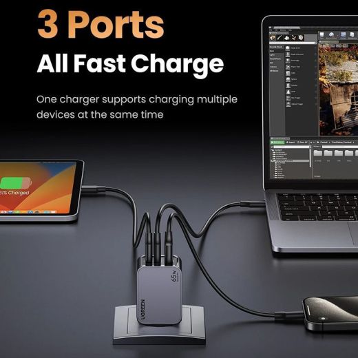 Быстрая зарядка Ugreen X755 Nexode Pro 65W 3-Port Pro 2 x USB + USB Type-C EU Grey