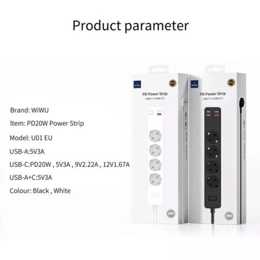 Мережевий подовжувач WIWU Power Strip U01 EU 4x220V и 3xUSB-A и 1xUSB-C White