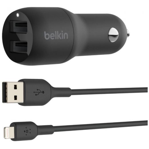 Автомобильное зарядное устройство Belkin BoostUP Charger 2xUSB 24W Black with Lightning 1m (CCD001BT1MBK)