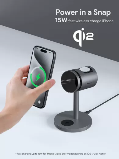 Док-станція Aukey LC-MC311A MagFusion 3 в 1 Pro Qi2 Active Cooling Wireless Charging Station Gray