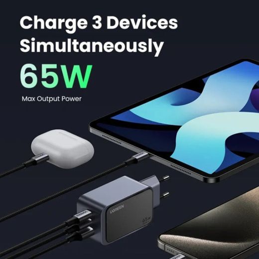 Швидка зарядка Ugreen X553 Nexode Air GaN Tech USB + 2 x USB Type-C 65W Grey