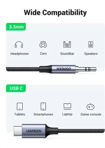 Перехідник Ugreen USB-C Male to 3.5mm Male Cable DAC чип 1 м Black/ Grey (CM450)
