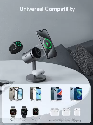 Док-станція Aukey LC-MC311A MagFusion 3 в 1 Pro Qi2 Active Cooling Wireless Charging Station Gray