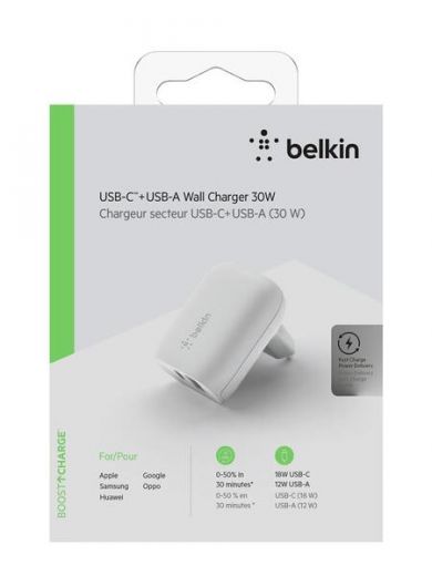Мережевий ЗП Belkin Home Charger (18W) Power Delivery Port USB-C (12W) USB-A, White (F7U097vfWHT)