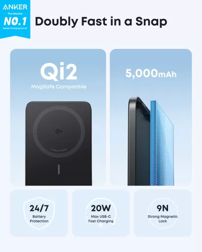 Повербанк Anker Nano Powerbank (5K, Magnetisch, Slim) Black (A1665H11)
