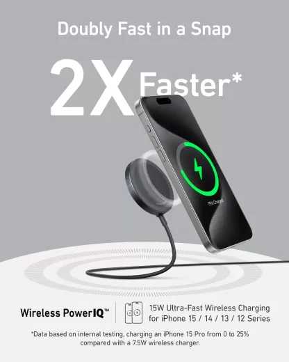 Бездротова зарядка Anker MagGo Wireless Charger (Pad) with Qi2 15W Black Stone (A25M0111) для iPhone 12 | 13 | 14 | 15