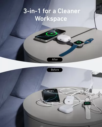 Бездротова зарядка Anker MagGo Wireless Charging Station (3 в 1, Foldable Pad) Black Stone