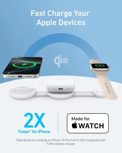 Беспроводная зарядка Anker MagGo Wireless Charging Station (3 в 1, Foldable Pad) Aurora White