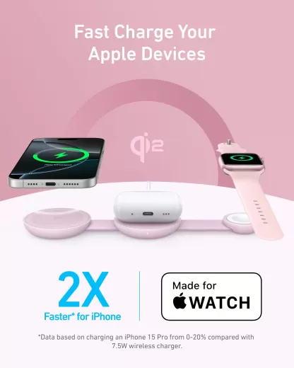 Бездротова зарядка Anker MagGo Wireless Charging Station (3 в 1, Foldable Pad) Pink Aura