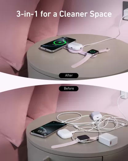 Бездротова зарядка Anker MagGo Wireless Charging Station (3 в 1, Foldable Pad) Pink Aura