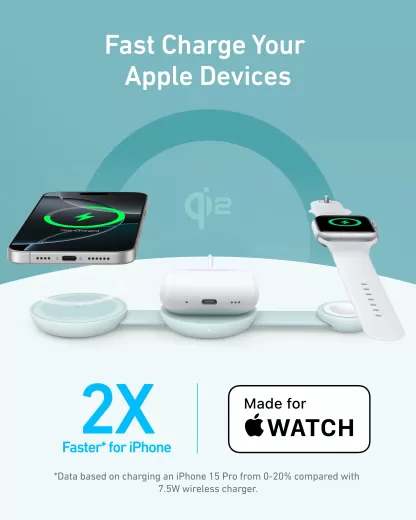 Беспроводная зарядка Anker MagGo Wireless Charging Station (3 в 1, Foldable Pad) Teal Oasis