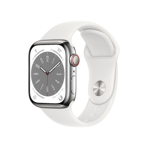 Смарт-годинник Apple Watch Series 8 GPS + Cellular, 41mm Silver Stainless Steel Case with Sport Band White (MNJ53)