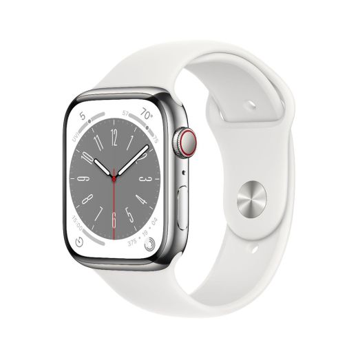 Смарт-годинник Apple Watch Series 8 GPS + Cellular, 45mm Silver Stainless Steel Case with Sport Band White (MNKE3)