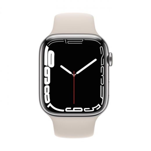 Смарт-годинник Apple Watch Series 7 GPS + Cellular, 45mm Silver Stainless Steel Case with Sport Band Starlight (MKJV3, MKJD3)