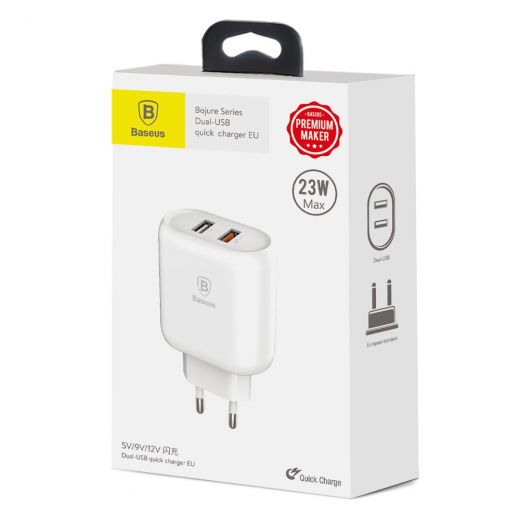 Зарядний пристрій Baseus Bojure Series Dual-USB Quick Charge Charger для EU 23W White (CCALL-AG02)