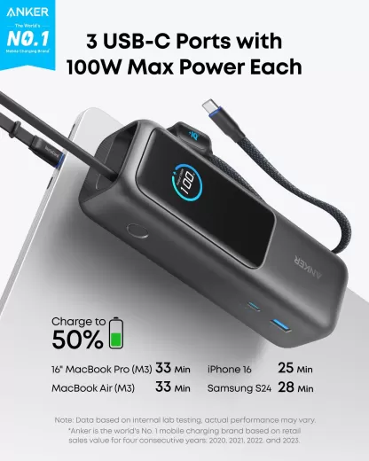 Повербанк Anker Power Bank 25K, 165W, Built-In and Retractable Cables Space Black