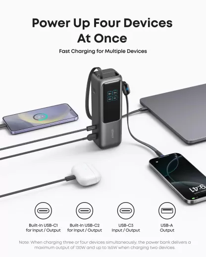 Повербанк Anker Power Bank 25K, 165W, Built-In and Retractable Cables Space Black