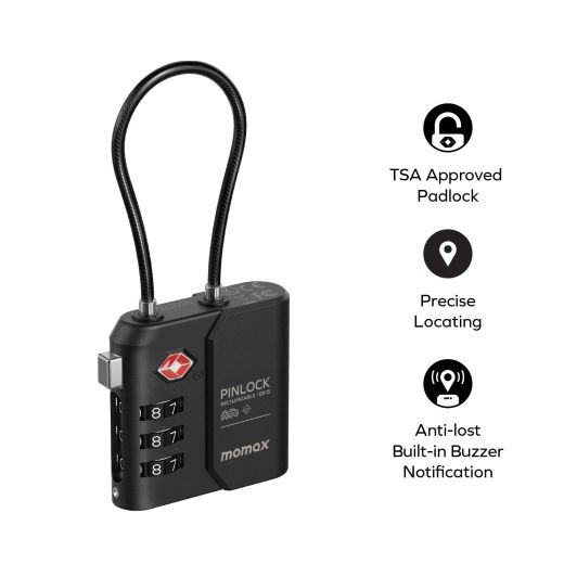 Розумний замок для багажу Momax PinLock Find My Locator with TSA Padlock Black
