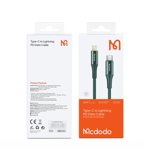 Кабель Mcdodo 36W 20W Smart With Led Type-C to Iphone Braided Usb Charging Cable Green (CA-996)