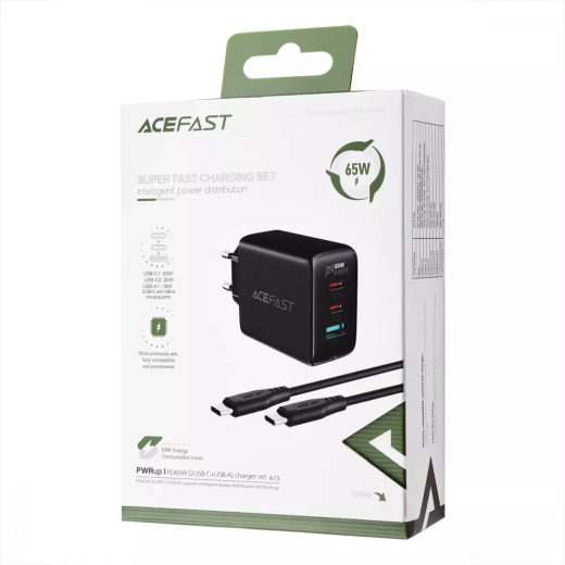 Мережевий зарядний пристрій Acefast A13 PD 65W (2 Type-C + USB) Black