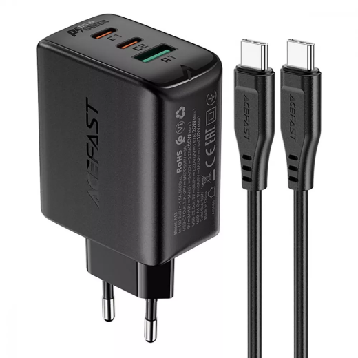 Мережевий зарядний пристрій Acefast A13 PD 65W (2 Type-C + USB) Black