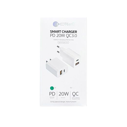 Сетевое зарядное устройство COTEetCI Smart Charger PD 20W QC3.0 USB-A&Type-C White (CS8870-U)