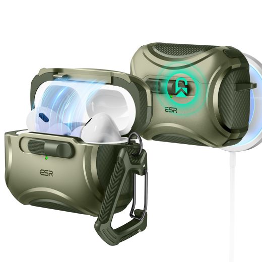 Противоударный чехол с карабином ESR Cyber FlickLock Case (HaloLock) Dark Green для AirPods Pro 2 (2022)