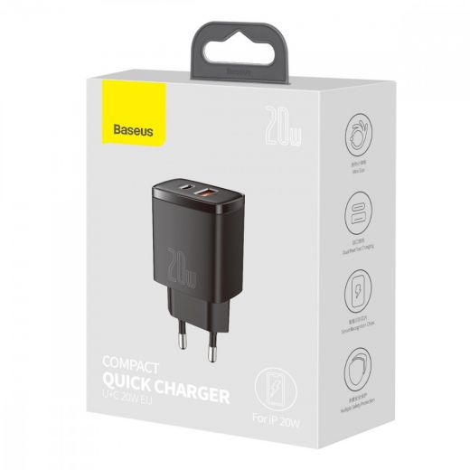 Сетевая быстрая зарядка Baseus Compact Quick Charger 20W QC+ PD Black (1Type-C + 1USB) (CCXJ-B01)