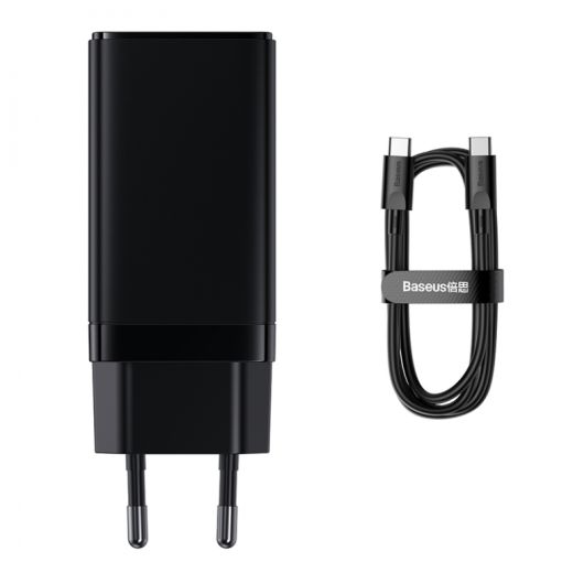 Мережевий зарядний пристрій Baseus GaN3 Pro 3 порта, USB + Type-C*2 65W Black + кабель Baseus Xiaobai Type-C to Type-C 100W (20V/5A) 1m Black