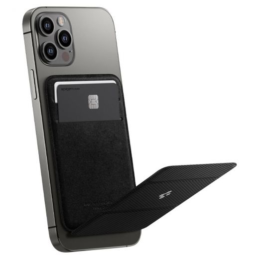 Шкіряний чохол-гаманець з підставкою Spigen MagSafe Card Holder Smart Fold Wallet Black для iPhone 12 mini | 12 | 12 Pro | 12 Pro Max