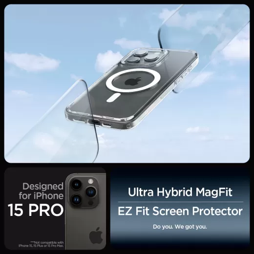 Прозрачный чехол со стеклом Spigen Ultra Hybrid Pack (MagFit) White для iPhone 15 Pro Max (ACS06861)