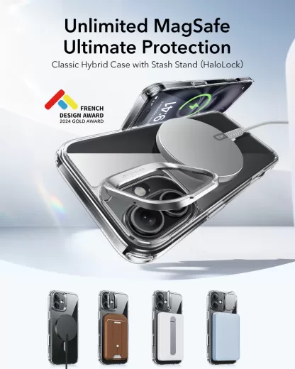 Прозрачный чехол с подставкой ESR Classic Hybrid Case with Stash Stand (HaloLock) Clear Black для iPhone 16 (1A7470202)