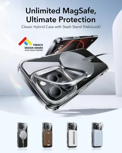 Прозрачный чехол с подставкой ESR Classic Hybrid Case with Stash Stand (HaloLock) Clear Black для iPhone 16 Pro (1A7490202)