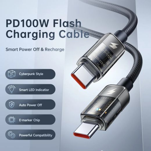 Нейлоновый кабель Mcdodo Auto Power Off 100W USB-C to USB-C Transparent Data Cable 1.2 метр (CA-2840)