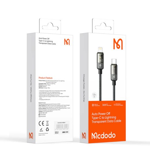 Нейлоновый кабель Mcdodo Auto Power Off 36W USB-C to Lightning Transparent Data Cable 1.8 метр (CA-3161)