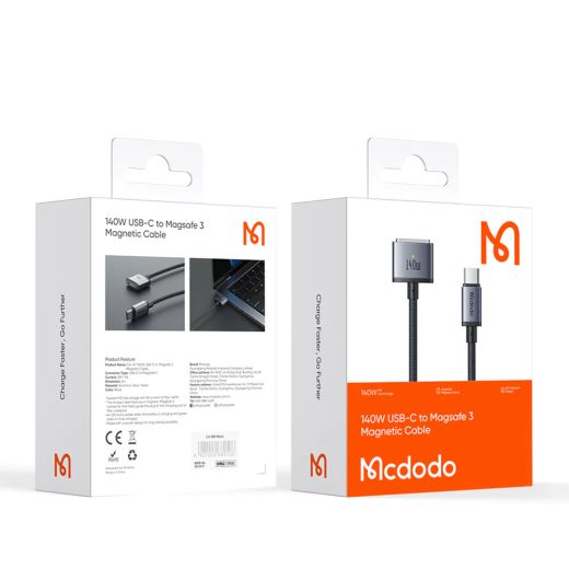 Кабель Mcdodo Magnetic Fast Charging Cable with LED 140W USB-C to MagSafe 3 Black 2 метра (CA-1470)