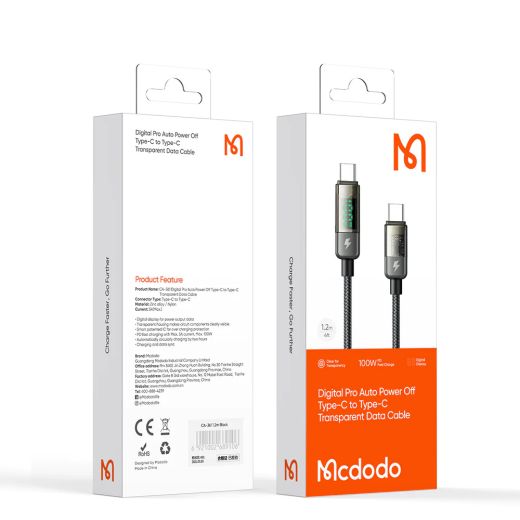 Нейлоновый кабель с дисплеем Mcdodo PD 100W USB-C to USB-C Digital Display Pro Auto 1.2 метр (CA-3610)