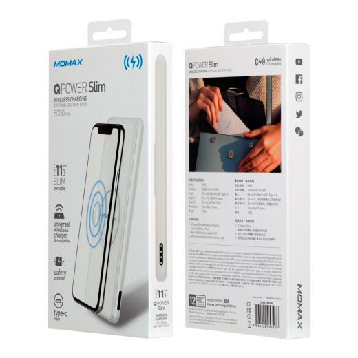 Повербанк (Внешний аккумулятор) MOMAX Q.Power Slim Wireless Charging Pad + Power Bank 5000mAh White (IP85W)