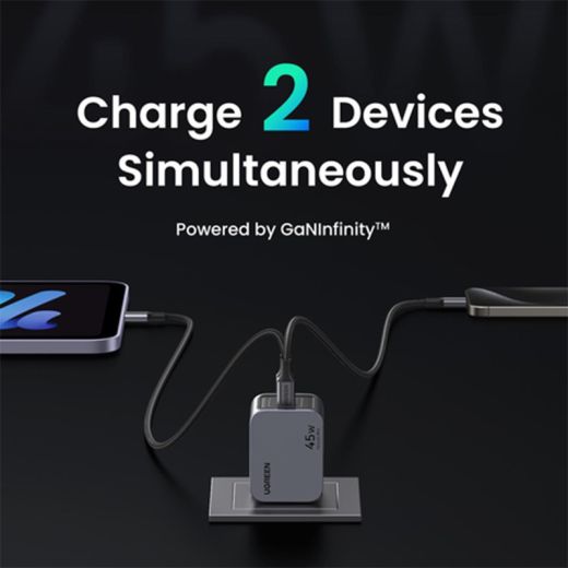 Швидка зарядка Ugreen X707 2xUSB-C 45W PD GaN Tech QC4.0 PD3.0 Space Gray
