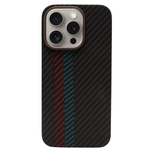 Карбоновий чохол CasePro Premium Carbon Case with MagSafe Black with Red/Blue Line для iPhone 15 Pro
