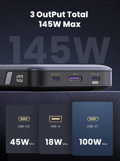 Повербанк (Внешний аккумулятор) Ugreen 145W | 25000mAh Power Bank for Laptop-3 Ports Space Grey