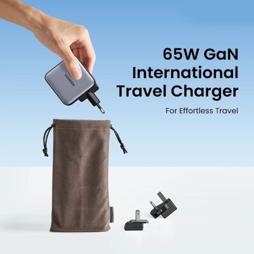 Мережевий зарядний пристрій Ugreen 65W Nexode GaN USB C 3-Port Charger With US/UK/EU вилка для подорожей (90409)