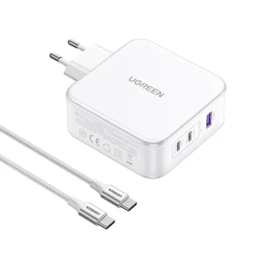 Швидка зарядка Ugreen CD289 USB-A | 2xUSB-C 140W Fast Charger White with USB-C to USB-C Cable