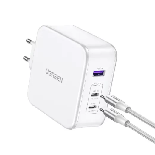 Швидка зарядка Ugreen CD289 USB-A | 2xUSB-C 140W Fast Charger White with USB-C to USB-C Cable