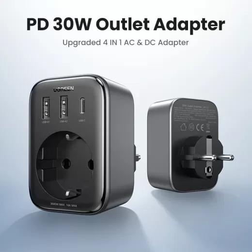 Зарядка + евро вилка UGREEN Power Strip Adapter PD 30W with AC Port Black