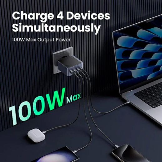 Швидка зарядка Ugreen X565 Nexode Air USB+3xUSB-C 100W GaN Tech QC4.0 PD3.0 Space Gray 